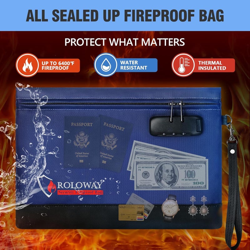 ROLOWAY Fireproof Money Bag with Lock for Cash, 6400°F Fire Proof Document Bag (12.2 x 8.5 x 1.6 inches), Money Pouch with Zipper (Blue) - Image 3